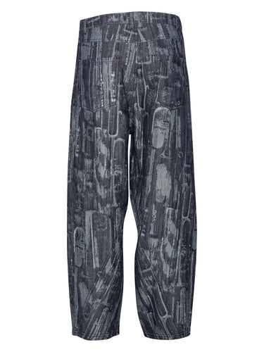 Back view of the Curved Denim Pants, highlighting the abstract pattern, back pockets, and straight-leg silhouette.