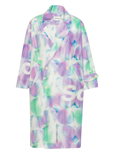 Front view of the Dimout Long Coat in Bubble Wrap, featuring a multicolour abstract print, blazer collar, double-breasted front, long sleeves, and side pockets.