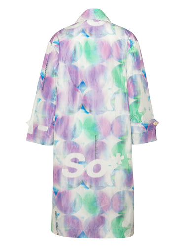 Back view of the Dimout Long Coat in Bubble Wrap, showing the full multicolour abstract pattern across the long, clean silhouette.