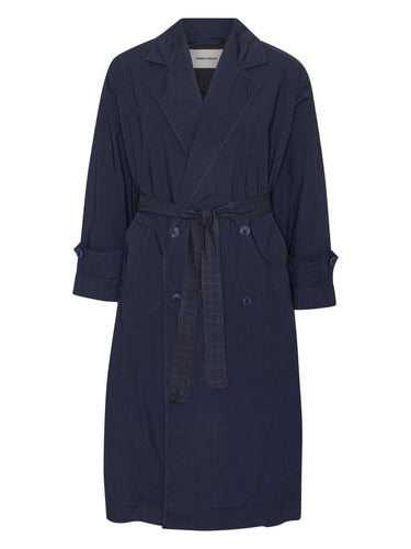 Front view of the Dimout Long Coat in Navy, showing the blazer collar, double-breasted front, dark check details, long sleeves, and side pockets.