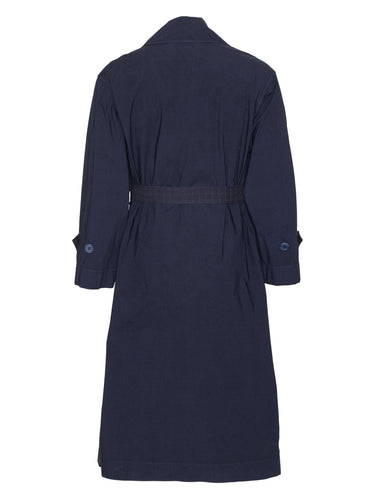 Back view of the Dimout Long Coat in Navy, showing the clean long silhouette and subtle dark check detailing.