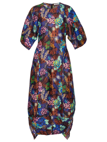 Front view of the Double Bass Dress in Space Chickens, showing the multicolour abstract chicken-and-space print, round neck, wide elbow-length sleeves, and hourglass silhouette.