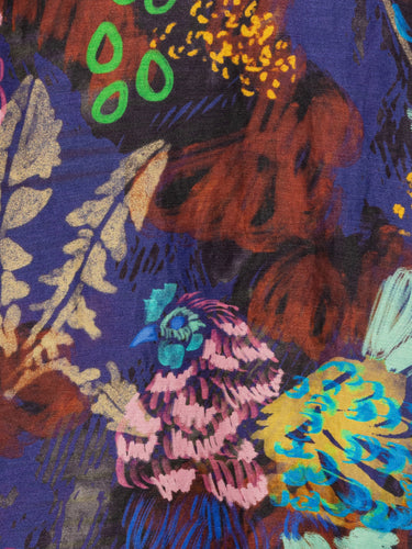 Close-up of the Double Bass Dress in Space Chickens, highlighting the vibrant multicolour abstract print and fabric texture.