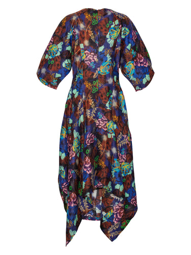 Back view of the Double Bass Dress in Space Chickens, displaying the full print and hourglass shape from behind.