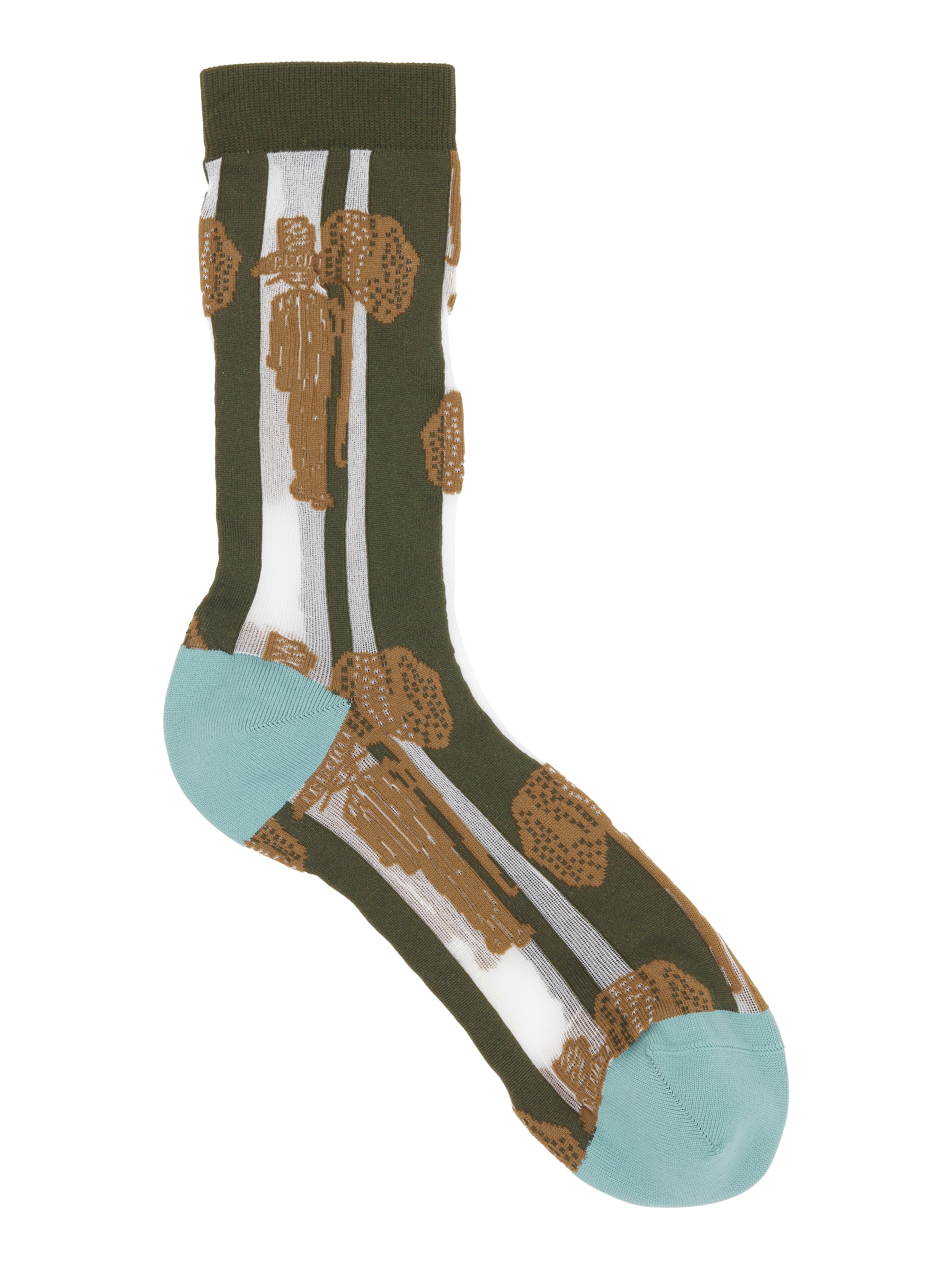 Dreamcatcher Socks Femme in Brown Catcher by Henrik Vibskov, knee-high socks featuring black and white horizontal stripes with an intricate brown dreamcatcher pattern and blue accent details, Spring/Summer 2026 Key Collection, size EU 36-40