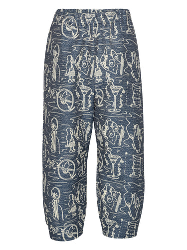 Front view of the Henrik Vibskov Eclipse Pants in Henrik Doodle, showing grey-blue fabric with white embroidered doodles, elastic waistband, side pockets, and wide-leg silhouette.