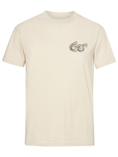 Front view of the Henrik Vibskov Eyeballin T in Bone White, showing the off-white fabric with eyeball illustration, round neck, short sleeves, square fit, and straight hem.
