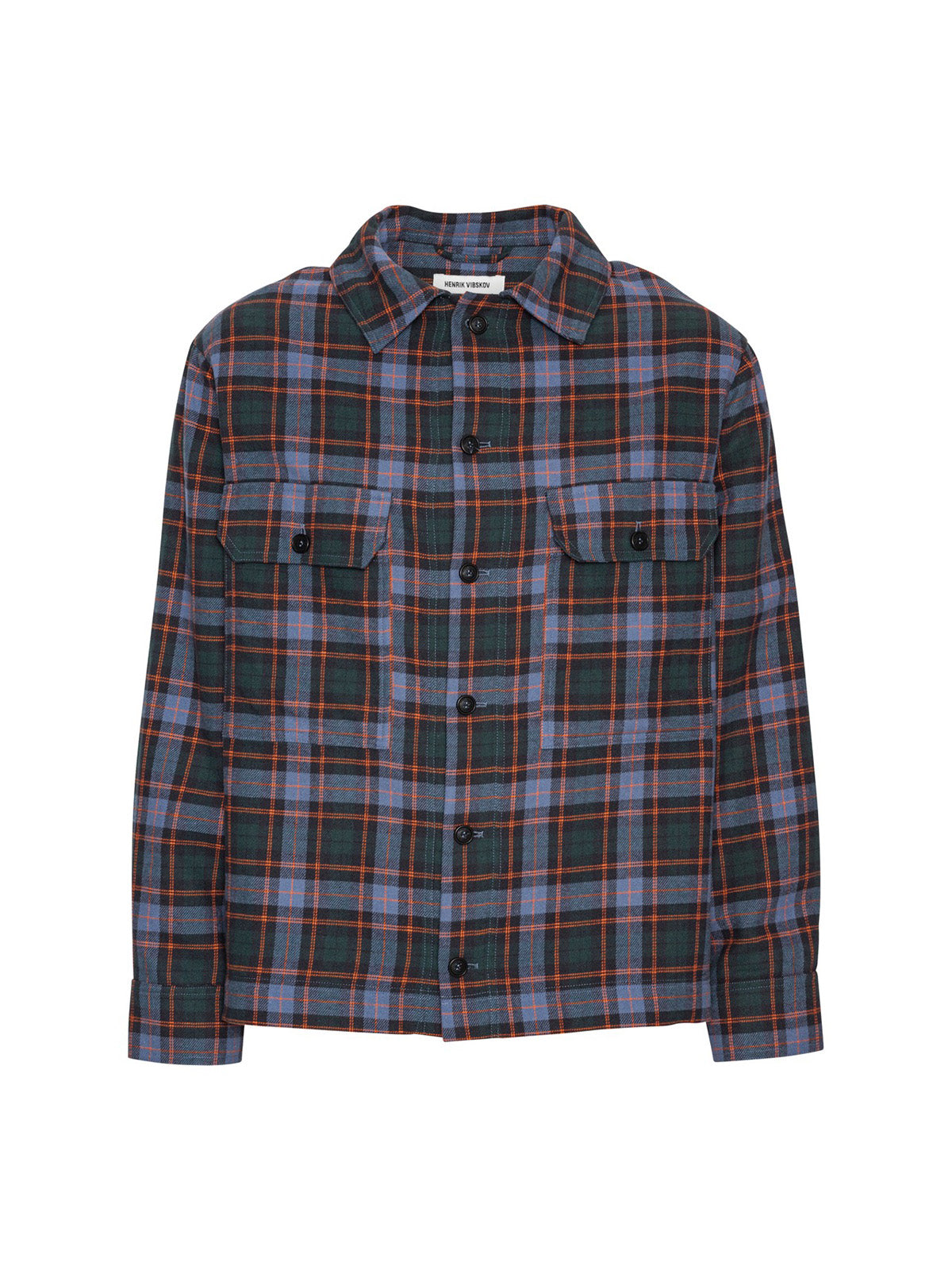 Henrik Vibskov Field Shirt Blue Flannel Checks, flat lay front, blue green and orange flannel check shirt with flap chest pockets