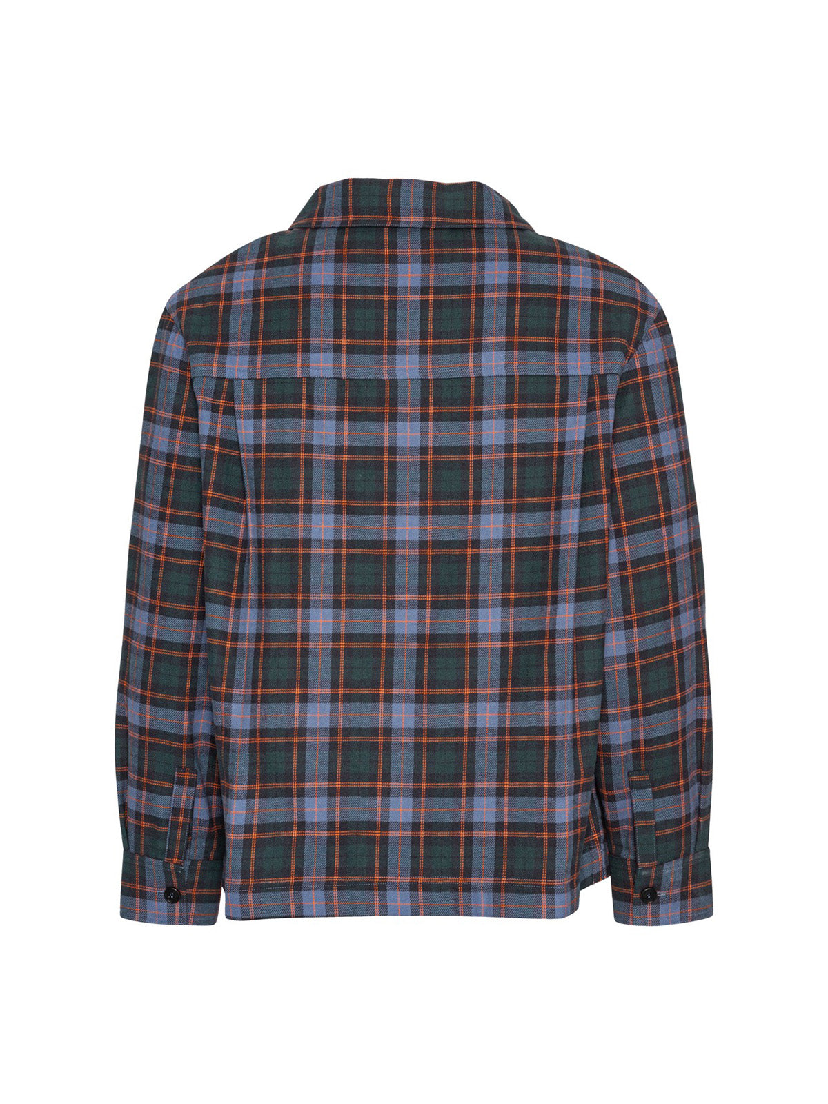 Henrik Vibskov Field Shirt Blue Flannel Checks, flat lay back, showing yoke and collar