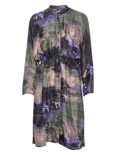 Front view of the Henrik Vibskov Flat Dress in Foxes, showing the multicolour abstract foxes and nature print, round collar, front button closure, long sleeves, adjustable waist drawstring, and straight hem.