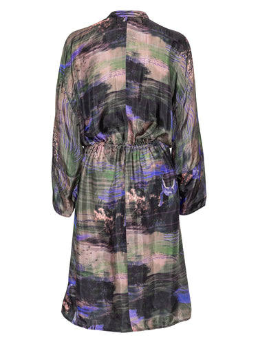 Back view of the Henrik Vibskov Flat Dress in Foxes, showing the multicolour print, long sleeves, adjustable waist, and straight hem.