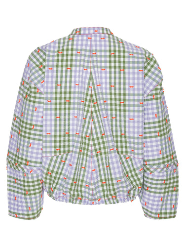 Back view of the Henrik Vibskov Flat Shirt in Checks Fillé, showing the full purple and green check pattern, long sleeves, and cropped elastic hem.