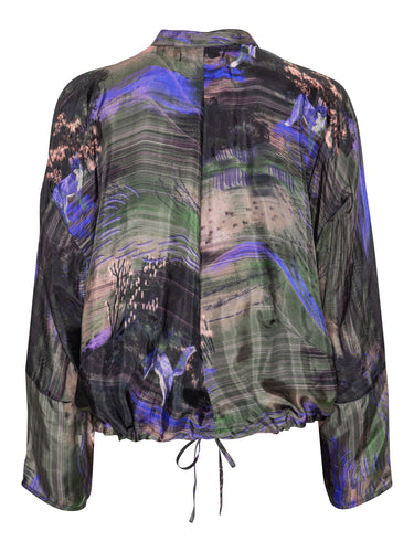 Back view of the Henrik Vibskov Flat Shirt in Foxes, showing the full multicolour fox and nature pattern, long sleeves, and cropped elastic hem.