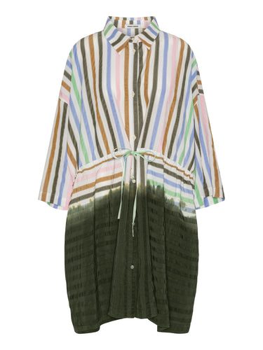 Front view of Henrik Vibskov Gather Dress in multicolour DipDye Stripes with green dip dye effect, classic collar and button-front closure.