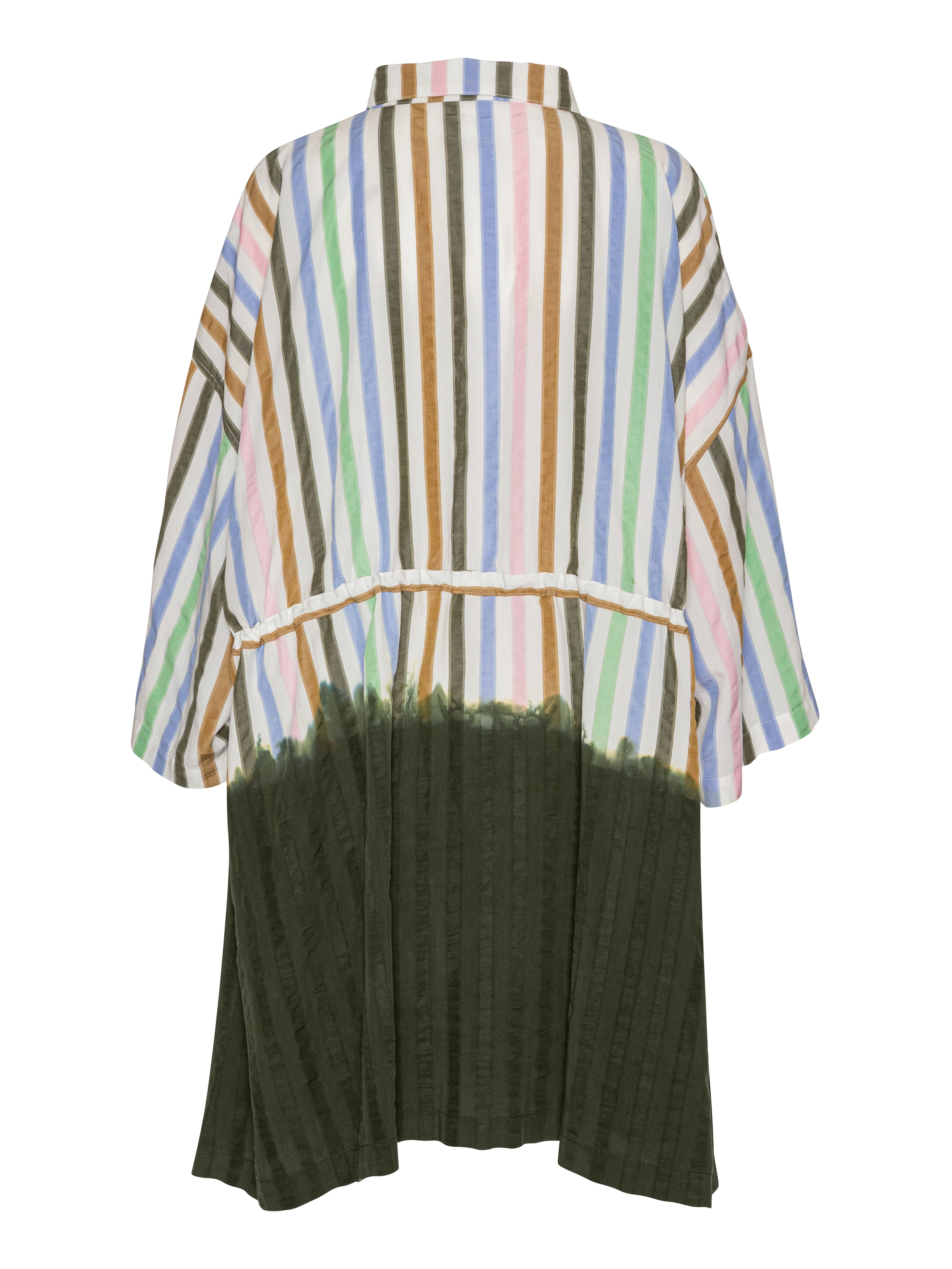 Back view of the Gather Dress showing the loose silhouette and multicolour striped design.