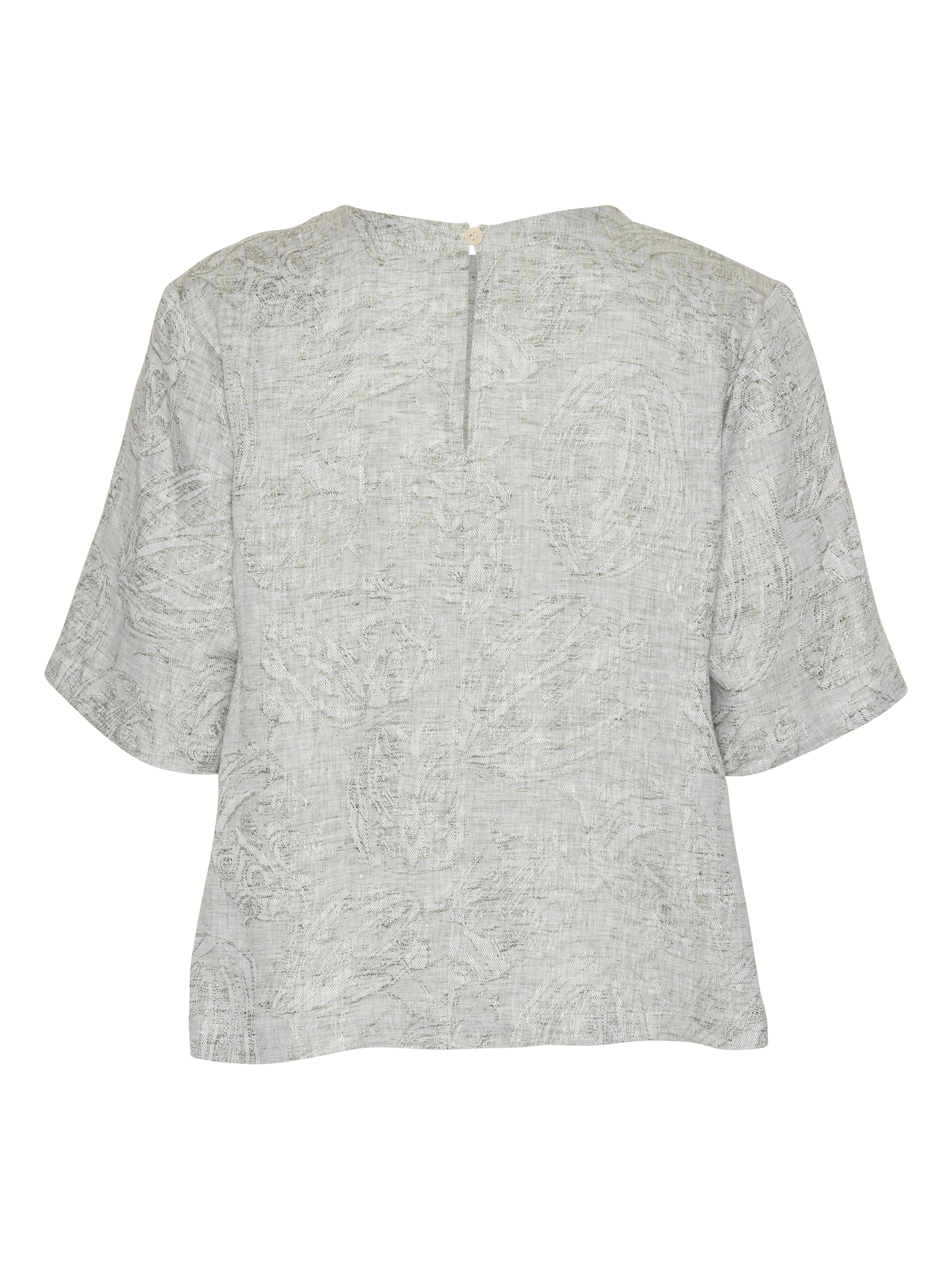 Helmet Top in Bike Helmets grey short sleeve top with button closure at back neck and straight hem, back view – Henrik Vibskov Spring/Summer 2026 Key Collection