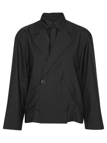 Front view of the Henrik Vibskov Lonely Sjacket in Tropical Wool, showing the black layered blazer design with classic collar, front button closure, long sleeves, and straight cropped hem.