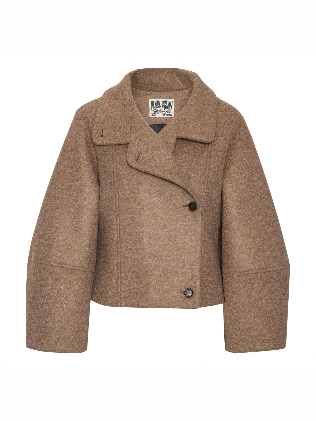 Henrik Vibskov Moon Short Jacket in Camel shown from the front, featuring an oversized lapel collar, asymmetric button fastening and wide sleeves.