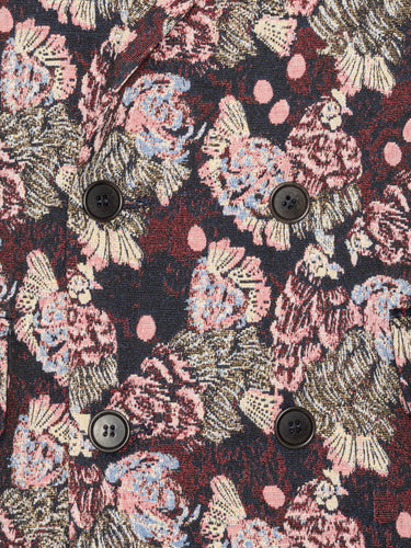 Close-up of the Henrik Vibskov Motif Blazer in Navy Chickens, highlighting the pink and purple abstract chicken embroidery, button details, and textured navy fabric.