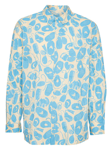 Front view of the Henrik Vibskov New Blou Shirt in Ecru Amulets, showing the off-white fabric with blue amulets pattern, collar, front button closure, long sleeves, chest pocket, and straight hem.