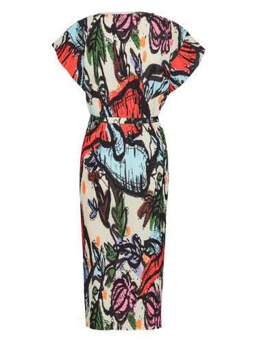Back view of the Henrik Vibskov New Pina Plissé Dress in Carrots, showing the full plissé finish, straight hem, and multicolour illustrated fabric.