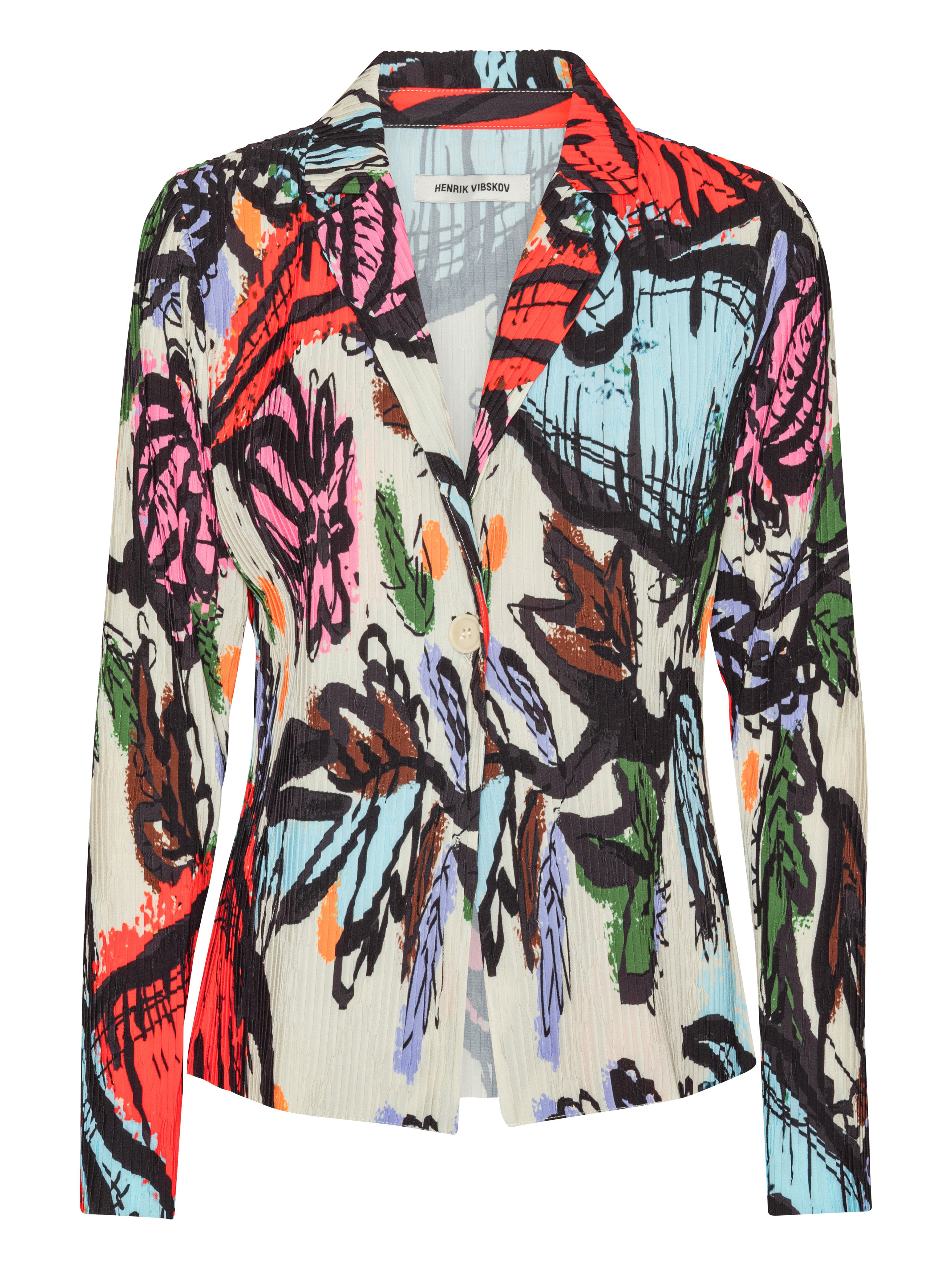 Front view of the Henrik Vibskov Plissé Blazer in Carrots, showing the multicolour root-vegetable illustration, classic blazer collar, full plissé texture, long sleeves, and fitted silhouette.
