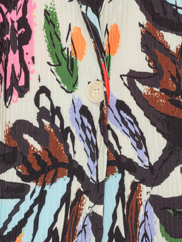 Close-up of the Henrik Vibskov Plissé Blazer in Carrots, highlighting the detailed root-vegetable illustration and the pleated plissé texture.