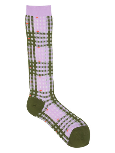 Knee-length socks with lavender and green checkered pattern from Henrik Vibskov on a white background.