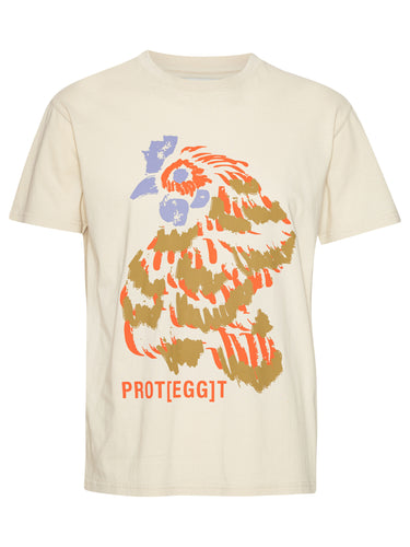 Off-white t-shirt with an orange rooster illustration by Henrik Vibskov on a white background