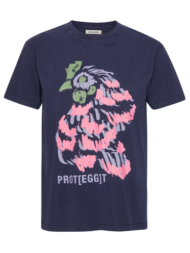 Navy blue t-shirt with a pink rooster illustration by Henrik Vibskov on a white background