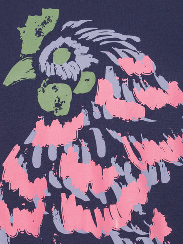 Close-up of navy blue t-shirt with a pink rooster illustration by Henrik Vibskov