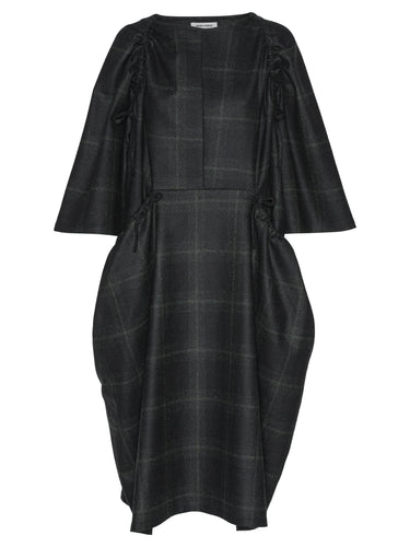 Black checkered dress with puff sleeves on a white background