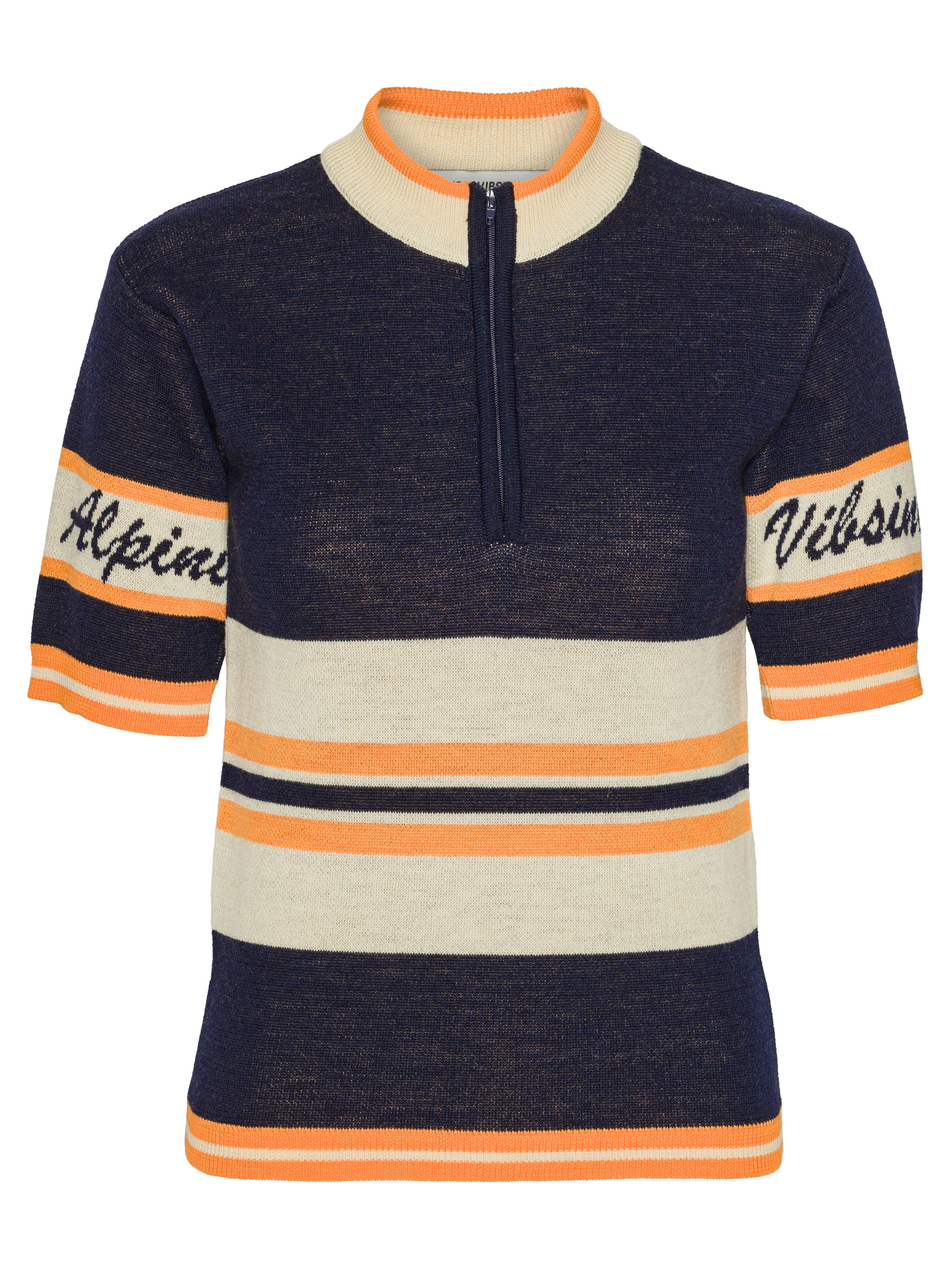 Navy, orange, and beige striped sweater with 'Alpine' and 'Vibsini' text on a white background