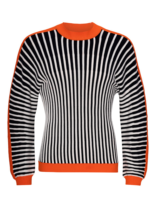 Henrik Vibskov Ribs Knit Roundneck in black, white, and orange stripes - 1
