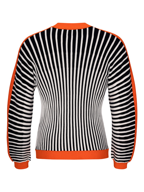 Henrik Vibskov Ribs Knit Roundneck in black, white, and orange stripes - 6