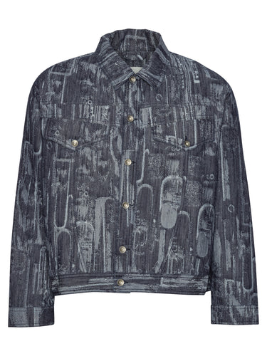 Grey-blue denim jacket with abstract pattern from Henrik Vibskov on a white background