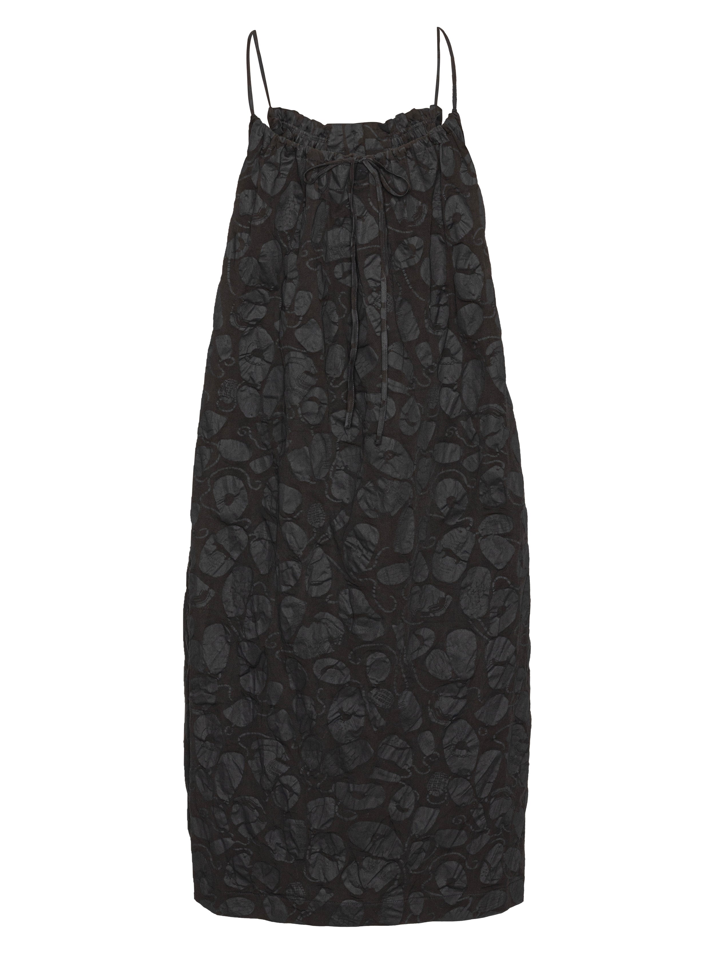 Back view of a black-on-black pattern, sleeveless dress from Henrik Vibskov on a white background.