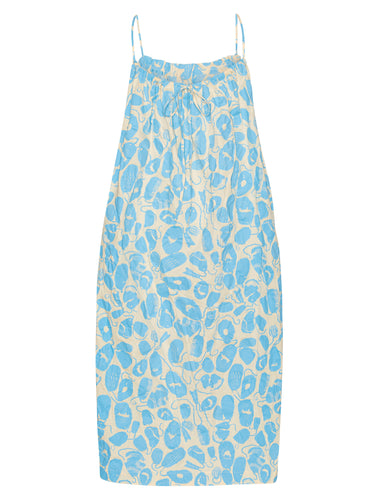 Back view of an off-white and light blue pattern, sleeveless dress from Henrik Vibskov on a white background.