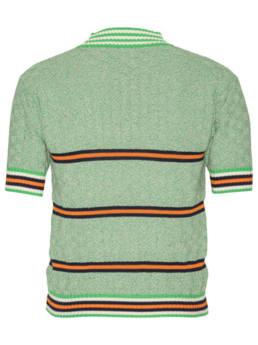 Back view of mint green knitted top with stripe details from Henrik Vibskov on a white background.