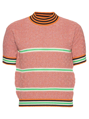 Pink-orange knitted top with stripe details from Henrik Vibskov on a white background.
