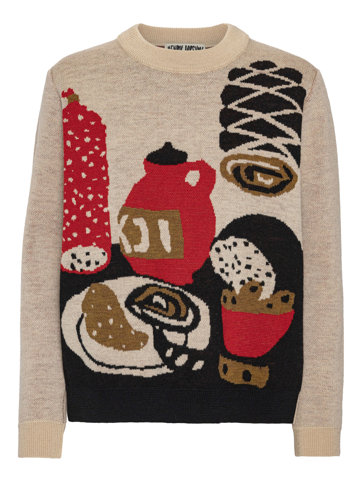 Henrik Vibskov Salami Knit Sweat in Table Servings shown from the front, featuring knitted food and tableware motifs, a round neck and long sleeves.