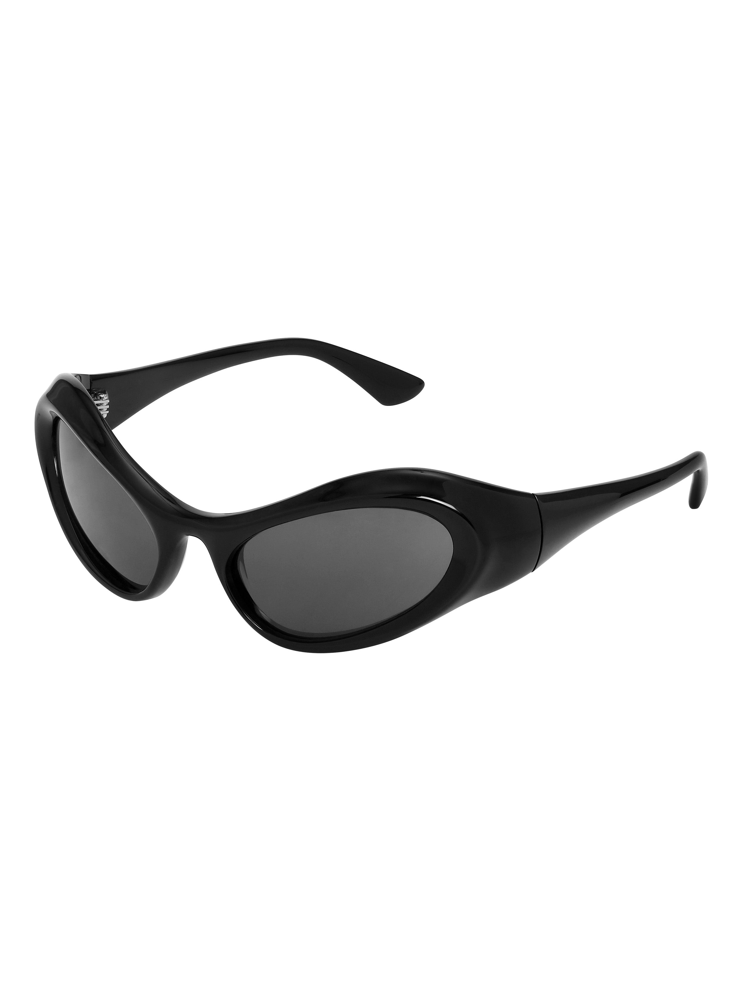 Front view of Scott sunglasses with a black frame and black tinted lenses in a sporty wraparound style.