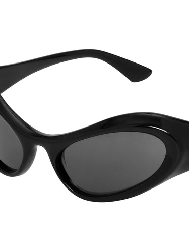 Close-up of the black frame and dark tinted lenses, highlighting the curved sport-style design.