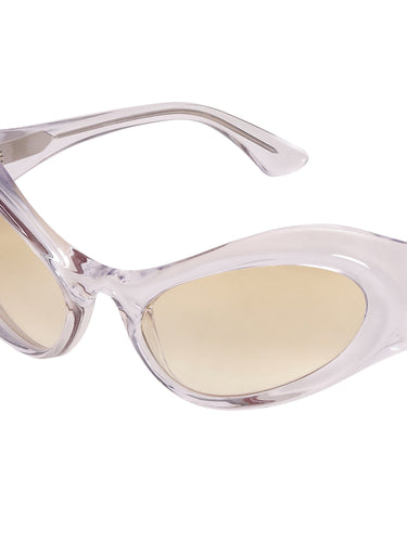 Close-up of the transparent frame and yellow tinted lenses, highlighting the curved sport-style design.