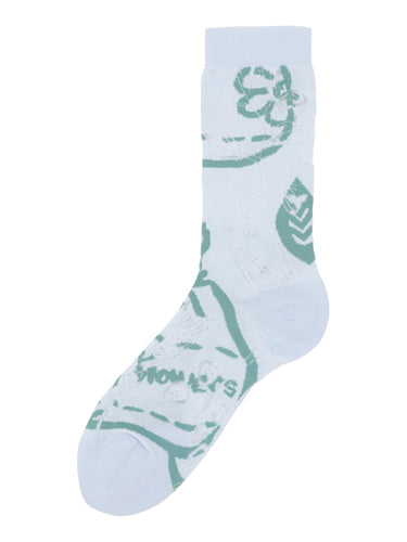 Front view of Seed Socks Femme in Blue Crops featuring pastel blue fabric with delicate floral illustrations.
