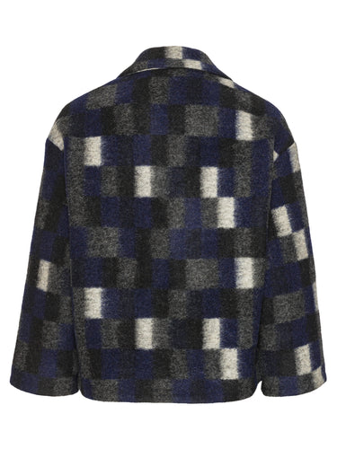 Plaid jacket with a blue, gray, and white pattern on a white background