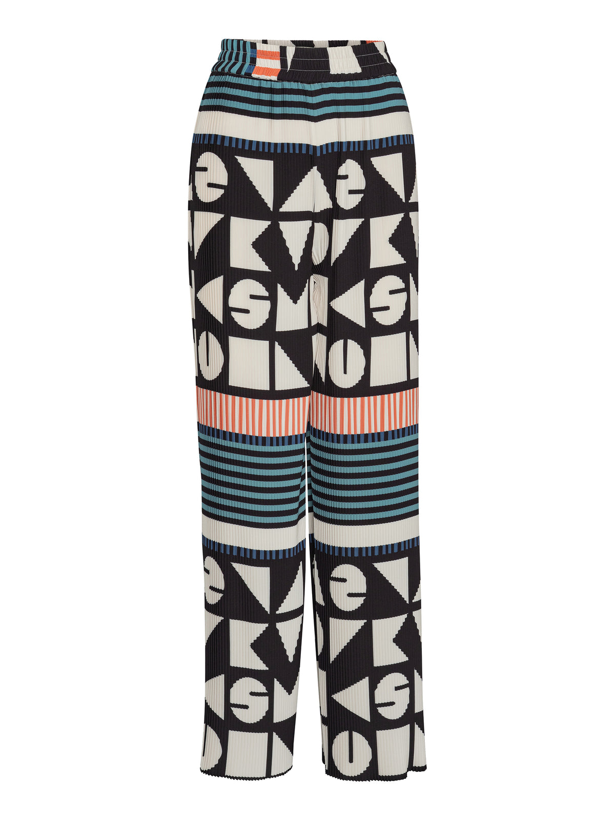 Henrik Vibskov Silhouette Plisse Pants in Vibs In Bobs shown from the front with wide legs, pleated texture and contrasting geometric and striped pattern.