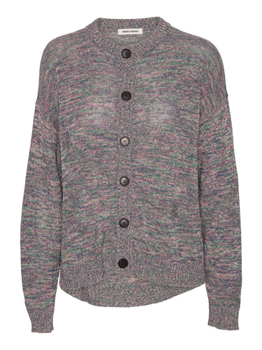 Front view of the multi brown-grey Silk Net Cardigan with round ribbed neck, front button closure, long sleeves, and ribbed hems.