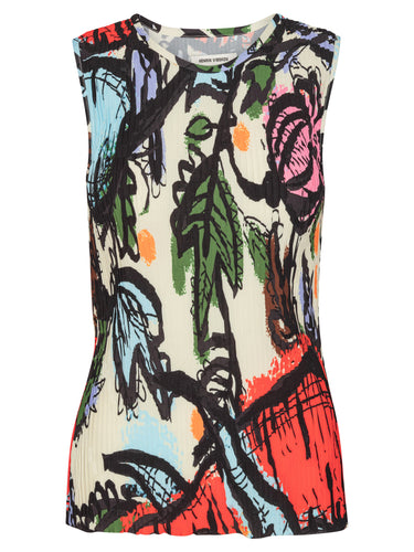 Colorful sleeveless top with vegetable abstract design by Henrik Vibskov on a white background