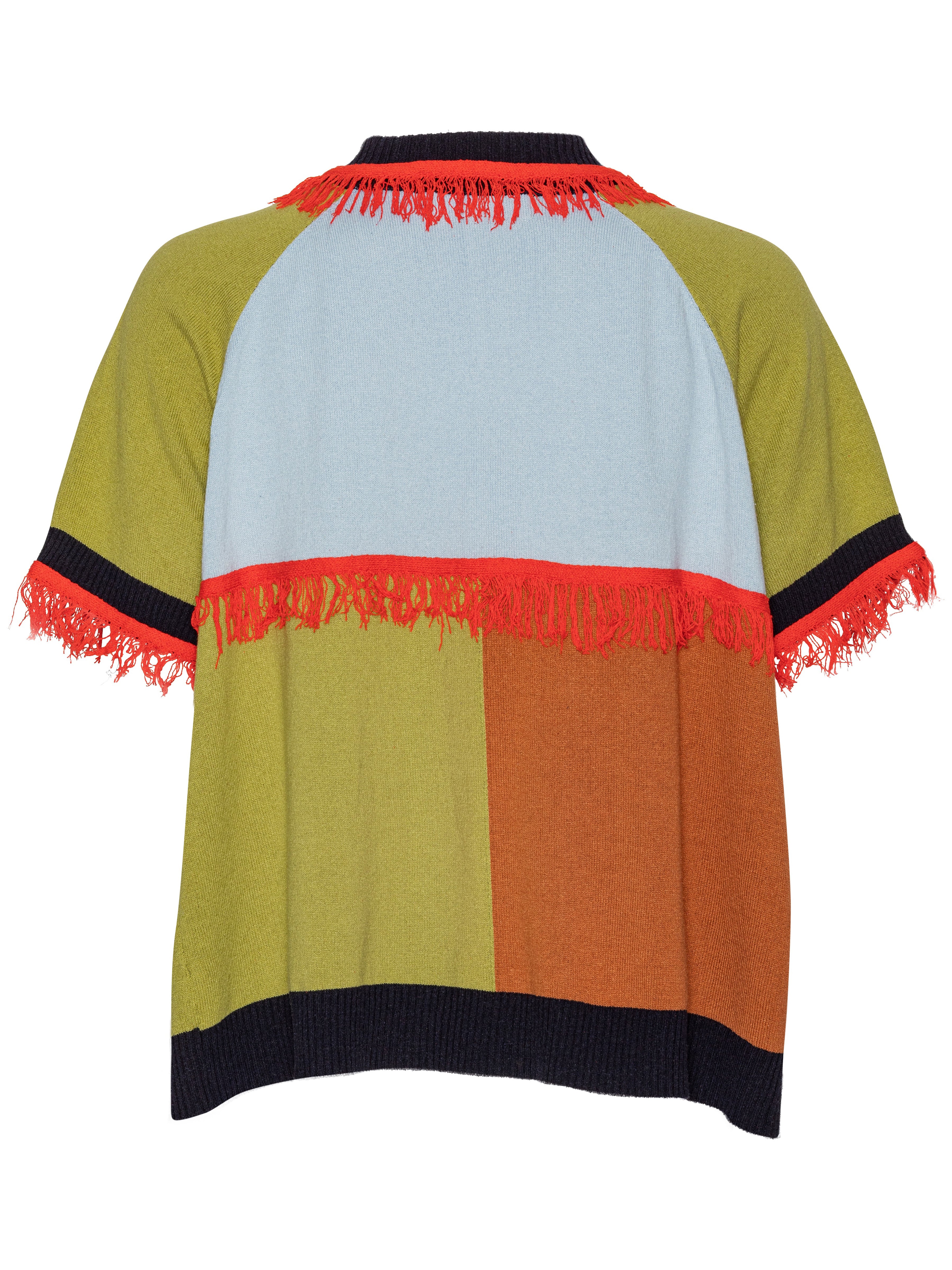 Back view of colorful short sleeve knitted polo with fringed details on a white background